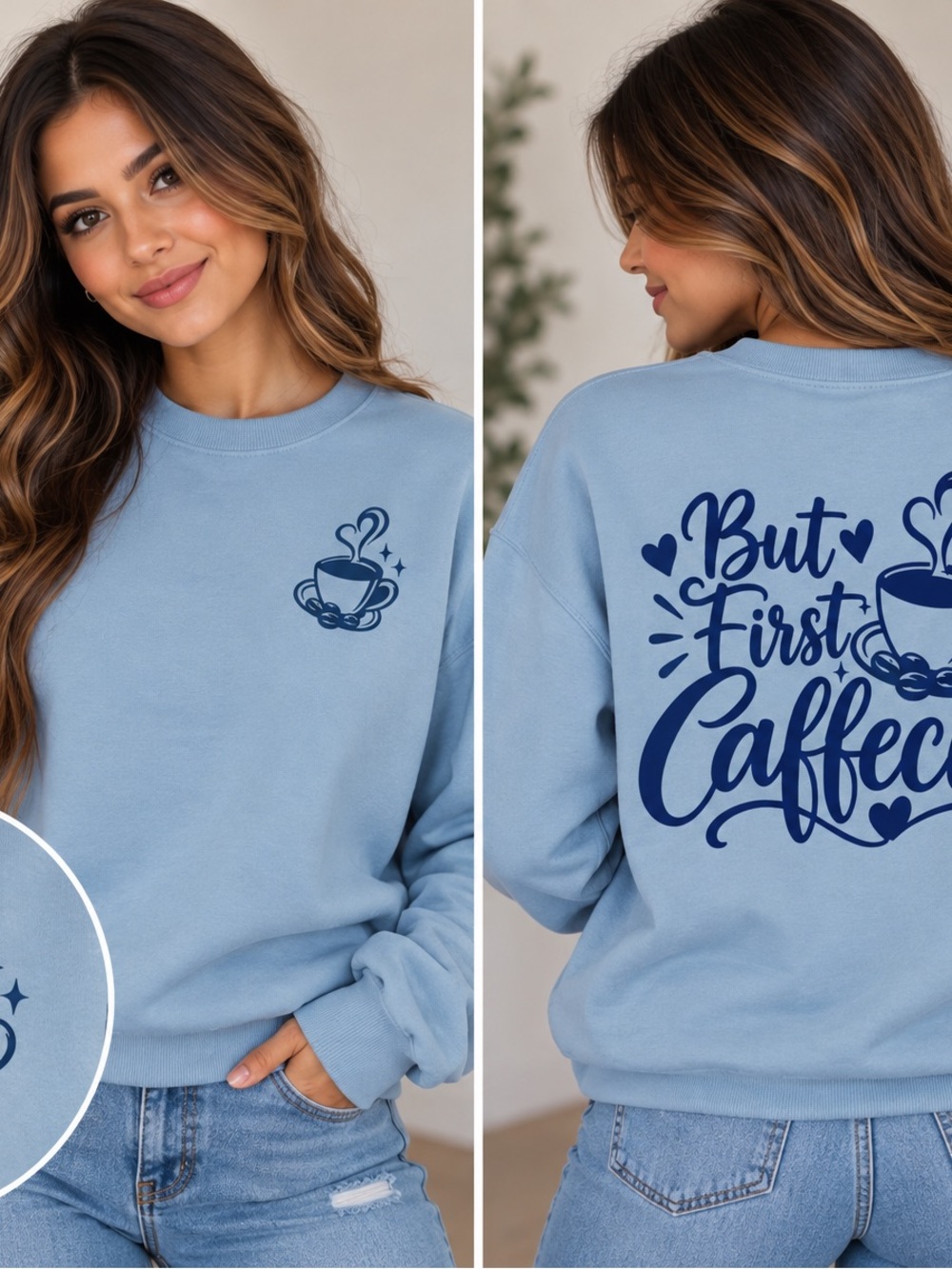 Gildan Light Blue Crewneck Sweatshirt with Navy Coffee Graphic